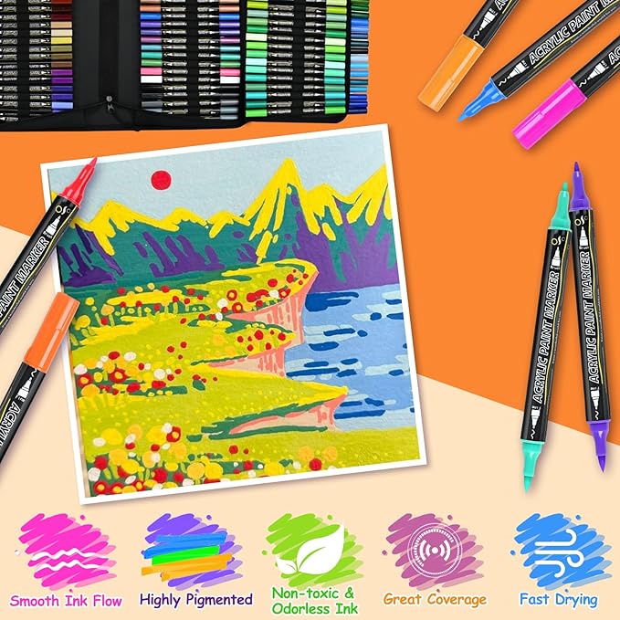 IVSUN 100 Acrylic Paint Markers, 12 Metallic & 88 Regular Colors Dual Tip Metallic Marker Pens for Black Paper, Photo Album, Rock Painting, Glass, Wood, Card Making, Scrapbook Supplies, DIY Crafts