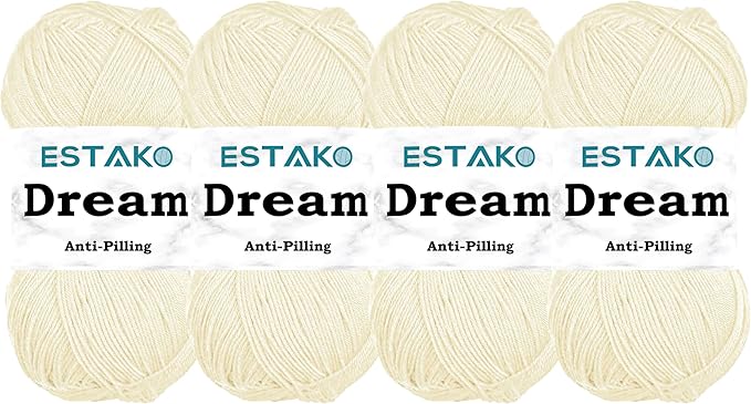 Estako Dream, (4 Skeins Pack) 100% Microfiber Acrylic Yarn, Soft, Super Fino/Fingering Weight (1) for Crochet and Knitting (4 x 3.5 Oz) / (4 x 382 Yrds) (70148 - Cream)