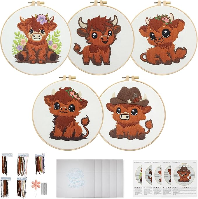 Kuabiz 5 Sets Highland Cow Embroidery Kits for Beginners Cross Stitch Kit for Adults Highland Cow Pattern Embroidery Starter Kit Embroiderys Hoop Needlepoint Kits with Instruction Needles Threads