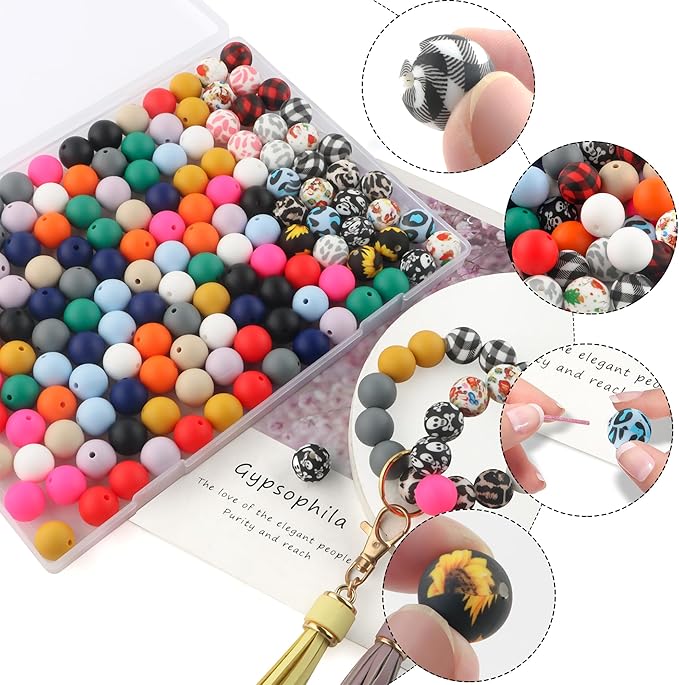 Sunrony 150pcs Silicone Beads for Keychain Making Bracelet Decoration and 15mm Silicone Beads for Pens (Pop Colors)