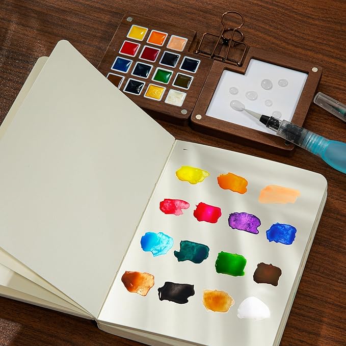 Mini Paint Palette Travel Kit - 15-Colors Pocket Artist Water Color Travel Set with Crossbody Bag, Watercolor Journal, Metal Clip, Paint Water Cup, Water Brush, Wooden Paint Box for Painters Artists