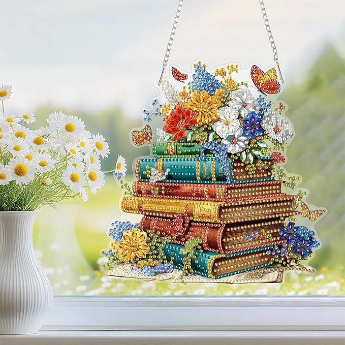 NEWENMO Hanging Diamond Art Kit for Adult, Vintage Books, 5D Special Shaped Rhinestone Diamond Painting Ornament, Floral Books, DIY Acrylic Diamond Art Painting Window Pendants Home Garden Wall Decor