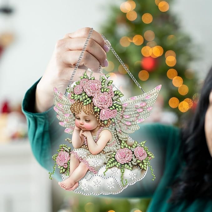 Kaliosy Sun Catcher Angel Window Hanging Ornament - Outdoor Porch Decor, Flowers Themed Diamond Art Ornament, Acrylic Board Diamond Painting for Wall Home Garden, Front Door Sign, Indoor Decor 8x8inch