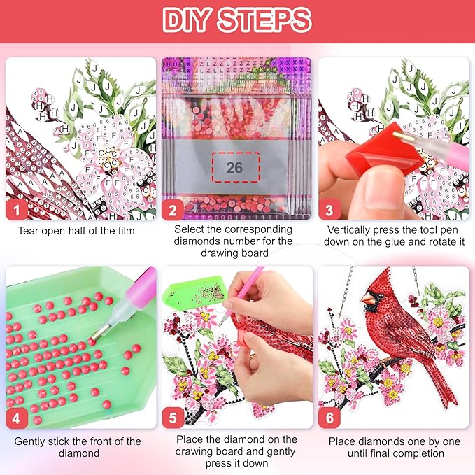QENSPE Red Finches Diamond Art Hanging Kits for Adults, 5D Special Shape Diamond Paingting Ornaments with Chain, DIY Pink Flowers Crystal Window Pendants for Home Wall Decor Double Sided 8X8 inch