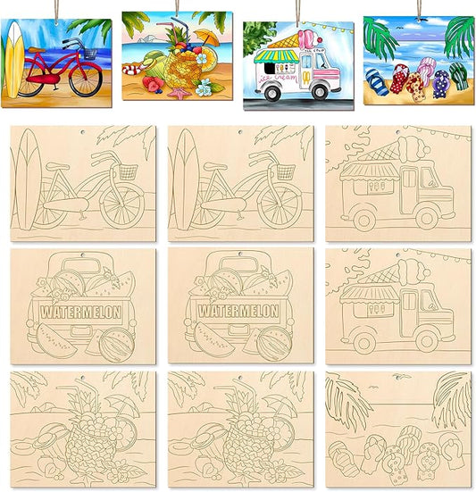 COCHIE 10 Pieces Large Summer Unfinished Wood Crafts to Paint for Adults, Bulk Predrilled Wooden Ornaments for Painting, Beach Pattern Paintable Wood Slices Craft Supplies with Ropes