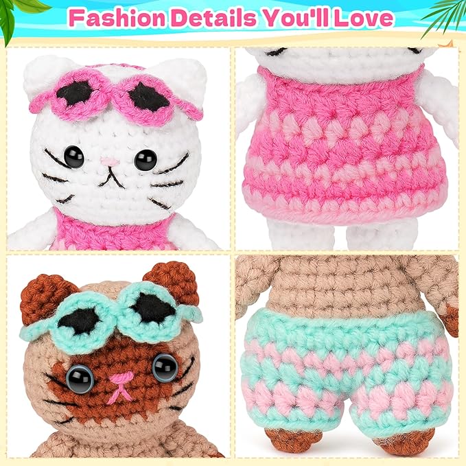 Fortuning's JDS Crochet Kit for Beginners, Couple Cat Crochet Kit for Beginners Adults Kids, Crochet Cat Kit with Step-by-Step Video Tutorials, Creative Handmade Crochet Gifts for Cat Lovers