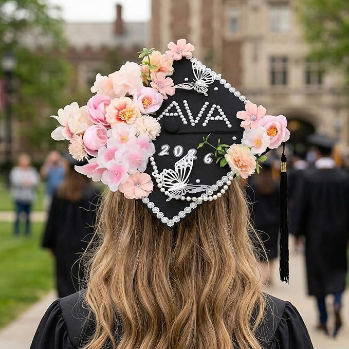 VISSTREE DIY Graduation Cap Decorations, 40 Pcs 2026 Grad Cap Topper Decorations Kit with Artificial Flower, Glitter Paper, 3D Butterfly, Pearls Alphabet Stickers, Lace for 2026 Graduate Supplies Gift