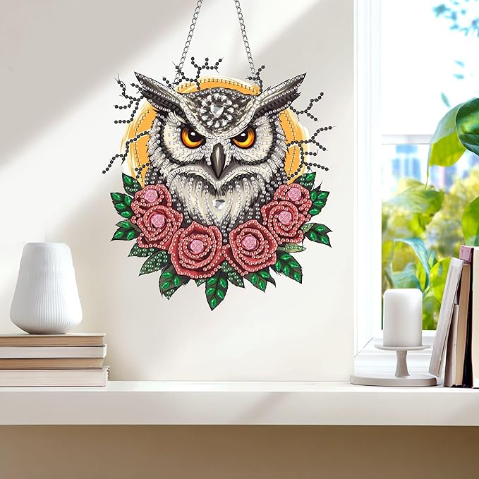 Wergund 5D DIY Owl Diamond Art Hanging Kits, Hanging Diamond Art Rose, Acrylic Special Shaped Rhinestone, Window Hanging Pendants for Home Wall Garden Front Door Outdoor Decor Gift(Owl)