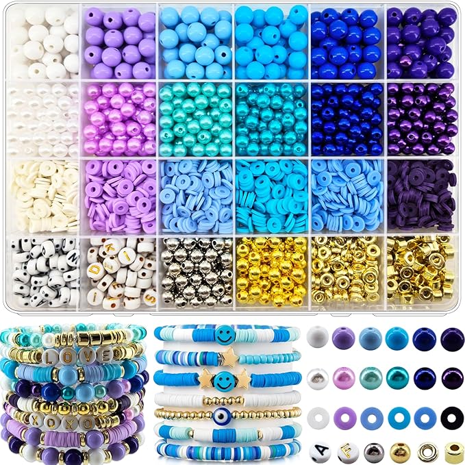 2220pcs Purple Blue Polymer Clay Beads Assorted Pearl Acrylic Round Heishi Flat Round Letter Silver Gold Spacer Beads for Friendship Bracelet Necklace Jewelry Making