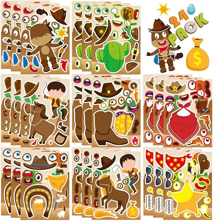 24 sheets western cowboy stickers, make your own cowboy hat boots cactus decals for kids, make a face sticker, art craft party favor supplies