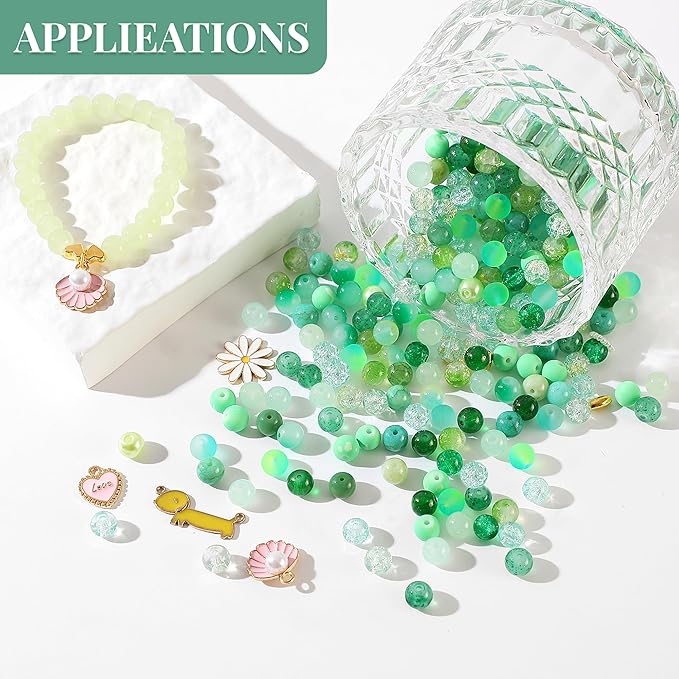905Pcs Green Glass Beads Jewelry Making Kit for Woman - 8mm Crystal Beads for Bracelets Making with Beaded Plant & Alloy Charms for Boho Friendship Bracelets Necklace Earrings DIY Plant Making