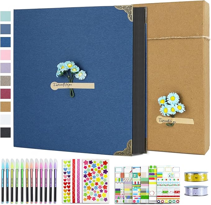 Vienrose DIY Scrapbook Photo Album Kit with Pens Tapes and Stickers 60 Pages Hardcover 12x12 Inches 3 Rings Removable Black Paper Scrapbooking for Lover Friends Kids Wedding Blue
