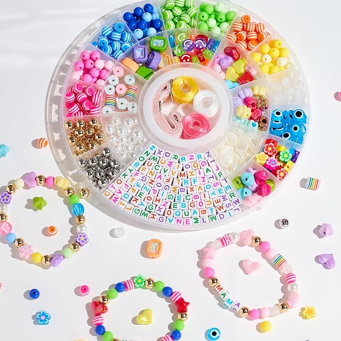 MYCUTEY 594Pcs DIY Bracelet Making Kit with Colorful Letter Flower Heart Beads - Friendship Bracelet Kit for Women Kids Pony Beads for Jewelry Making Christmas Bead Bracelets Making Craft Gift
