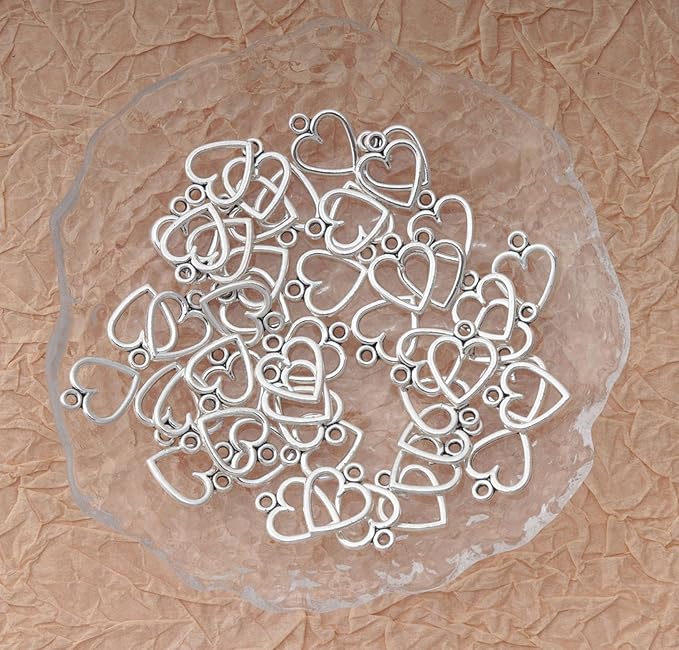 Ruwado 50 pcs Hollow Heart Charms Jewelry Making Kits for Jewelry Making 1.5 x 1.2 cm Accessories for DIY Crafting Project Christmas Tree Décor Necklace Bracelet Keychain Earring Supplies (Silver)