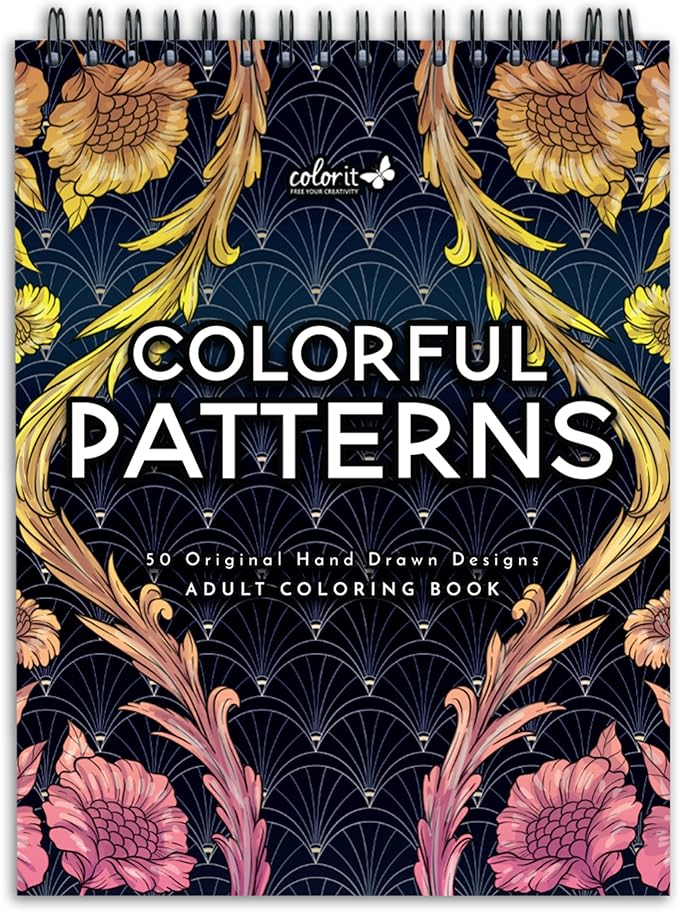 ColorIt Colorful Spiral-Bound Adult Coloring Book with 50 Original Designs - Perforated Lay-Flat Hardback Cover & Ink Blotter Paper for Arts and Crafts - Adult Coloring Book