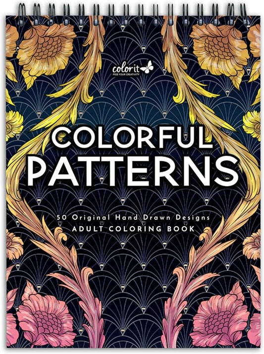 ColorIt Colorful Spiral-Bound Adult Coloring Book with 50 Original Designs - Perforated Lay-Flat Hardback Cover & Ink Blotter Paper for Arts and Crafts - Adult Coloring Book