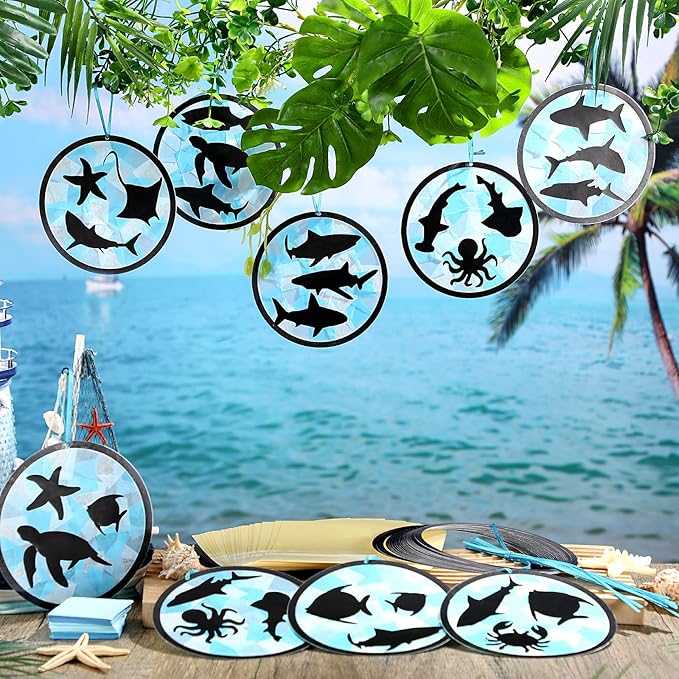 30 Pcs Ocean Fish Suncatchers Paper Craft Set Sea Ocean Shark DIY Stained Glass Effect Tissue Paper Kits Gift Bulk for Summer Activities Art Party Decor