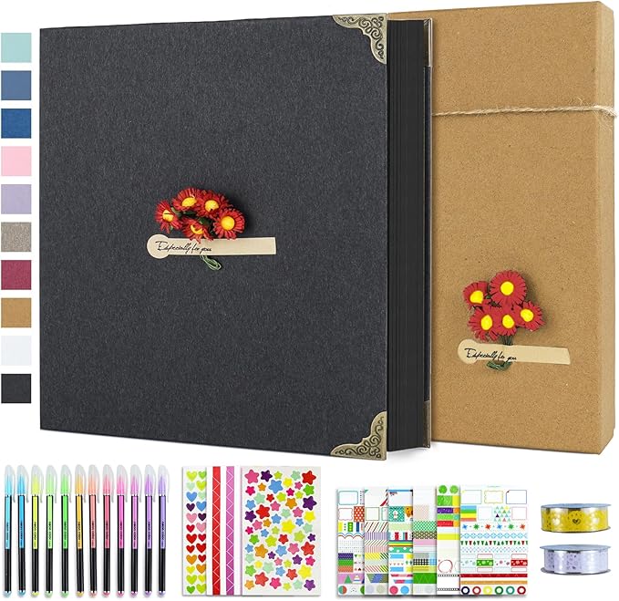 Vienrose DIY Scrapbook Photo Album Kit with Pens Tapes and Stickers 60 Pages Hardcover 12x12 Inches 3 Rings Removable Black Paper Scrapbooking for Lover Friends Kids Wedding Black