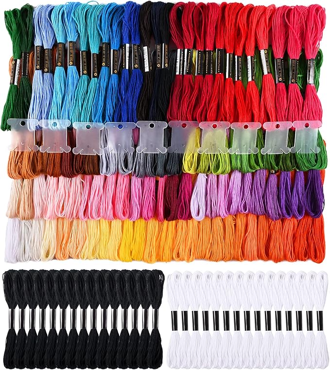VICOVI Friendship Bracelet String Kits, 100 Colors Embroidery Floss and 15 Skeins White & 15 Skeins Black Color, 10 Pcs Plastic Floss Bobbins for Cross Stitch Threads Bracelet Yarn Craft Floss
