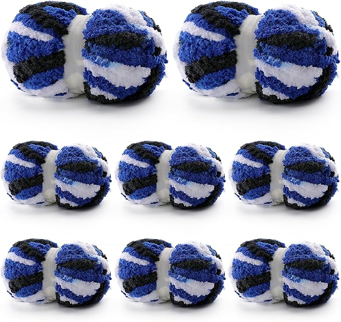 8 Pack Chunky Yarn for Hand Knitting - Chenille Yarn for Crocheting - 224 Yds Chunky Blanket Yarn Jumbo, Thick Fluffy for Knitting Blankets, Super Bulky Yarn 61.6 Oz (Black and White Blue)