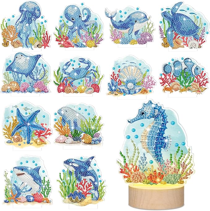 Chunful 13 Pcs Interchangeable Ocean Diamond Art Tabletop with Wooden Light Base Summer Ocean Animal Diamond Tabletop Decor DIY Blue Theme Diamonds Painting Kit for Home Office Tiered Tray Table Decor