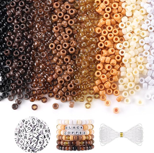 Funtopia Black and Brown Beads, Pony Beads for Bracelets Crafts, 1200 Pcs 6x9mm Kandi Beads and 100 Pcs Letter Beads for Kids Girls Women, Plastic Beads for Hair(8 Assorted Colors)