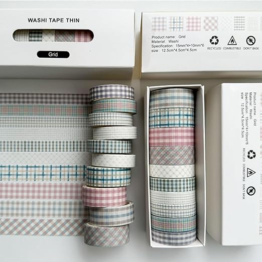 YUBBAEX 10 Rolls Vintage Washi Tape Set Basic Masking Retro Artwork Decorative Tapes for Arts, DIY Crafts, Journals, Planners, Scrapbook, Wrapping (Grid)
