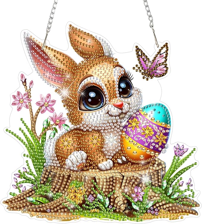 DOMROM Rabbit Diamond Art Hanging Kit for Adults, Easter Special Shaped Crystal Diamond Painting Rabbit Pendant, DIY Diamond Art Suncatcher Animal for Home Garden Wall Decor Gift
