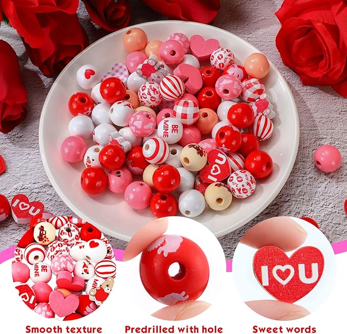 200 Pcs Valentines Day Wood Beads Pink White Hearts Beads Colorful Plaid Wooden Round Craft Wooden Natural Rustic Craft Kits for DIY Crafts Garland Party Supplies Decor