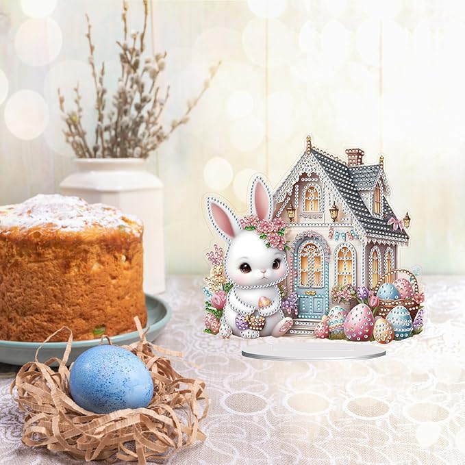DIY Dot Diamond Art Painting Desktop Easter Creative Ornaments by Number Embroidery Arts and Crafts Easter for Home Office Garden Decoration (Single Side Dot Diamond)-Easter Bunny-1