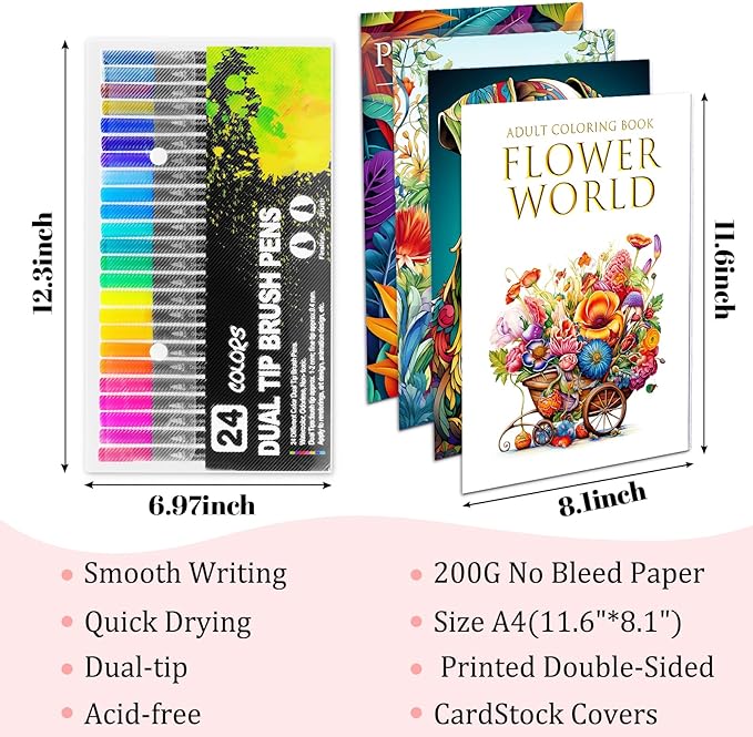 Coloring Book for Adults Relaxation, Mindfulness Coloring Book for Women with 24 Dual Tip Markers, Anxiety Relief Gifts for Women with 128 Patterns Include Plants Animals Flowers Garden Style (4 Pack)