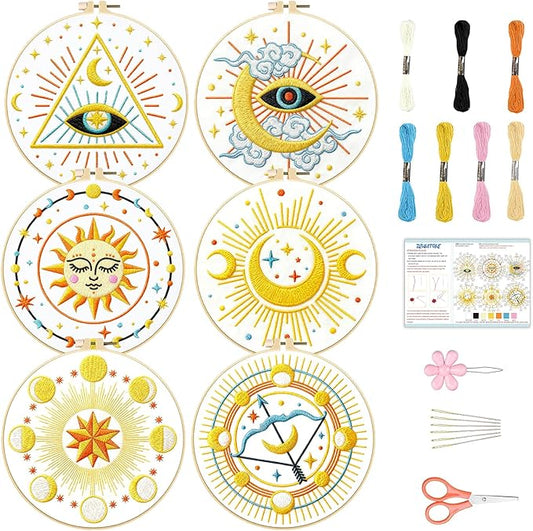 BEUNITONE 6 Sets Tarot Embroidery Kits for Beginners with Dreamy Sun Moon Stars Eye Patterns, DIY Craft Kits for Adults Women with Embroidery Hoops and Full Kits, Needlepoint Kits for Home Decor