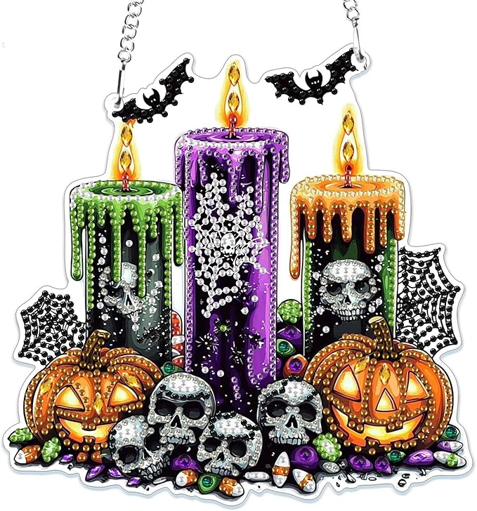 MOGTAA Skull Halloween Diamond Art Hanging Pendant Kits, Pumpkin Diamond Art Kits for Adults, 5D Special Shape Candle Diamond Painting Gem Art for Home Garden Wall Decor