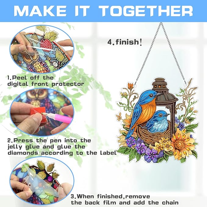VAIIEYO Bird Diamond Art Hanging Ornament, Flower Diamond Painting Suncatchers Window Hanging Kit with Chain, 7.5x7.5 inch Crystal Pendant Art Craft for Gift Home Wall Front Door Decoration