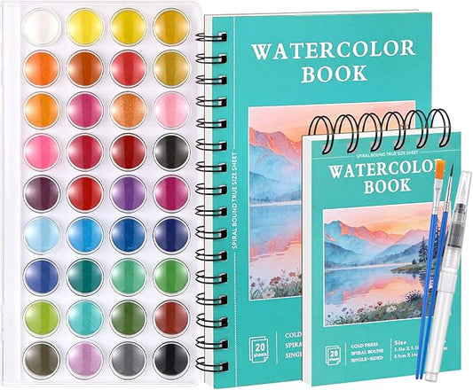 40 Sheets Watercolor Sketchbook with 36 Colors Watercolor Paint Set, 140lb/300g Watercolor Paper (5.5"x 8.5" & 3.5" x 5.5") Watercolor Painting Supplies for Artists Beginner