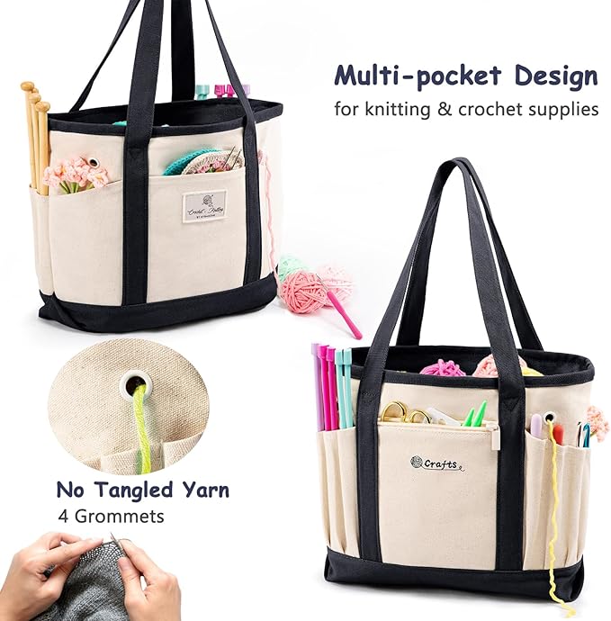 Canvas Yarn Storage Organizer Bag Washable Crochet Bag with Pockets for Yarn, Hooks, Needles – Travel Knitting Tote for Crafters – Gift for Crocheters & Knitters (Medium/Large)