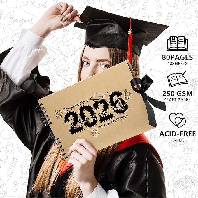80 Pages Graduation Scrapbook Kit 11 x 8 Inch Photo Album of 2026 Graduation Decoration with 12 Metal Pens and 4 Sheets Stickers for DIY School Congrats Grad Memory Book to Sign(Brown)