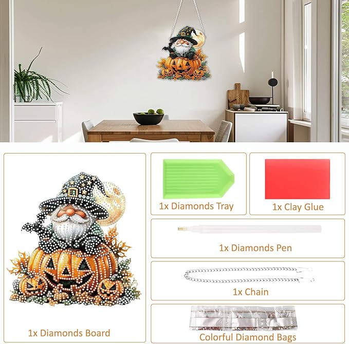 SENQAO Halloween Diamond Art Hanging Kits for Adults Beginners, DIY Acrylic 5D Special Shaped Crystal Diamond Gem Art Painting Hanging Ornament for Home Wall Decor and Gift（Gnome Pumpkin Bat）