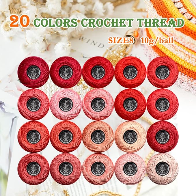 Soft 20 Colors Classic Crochet Thread 20 Pack,100% Cotton (Victory Red-3713-498)