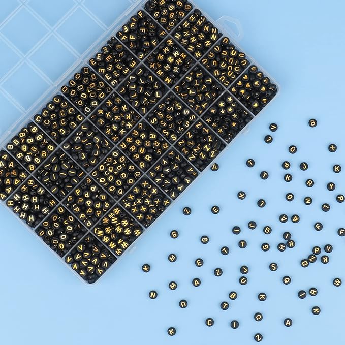 Song Xi 1400pcs Round Acrylic A-Z Alphabet Beads - Gold & Black Letter Beads for Bracelet Making, 28 Grid Box