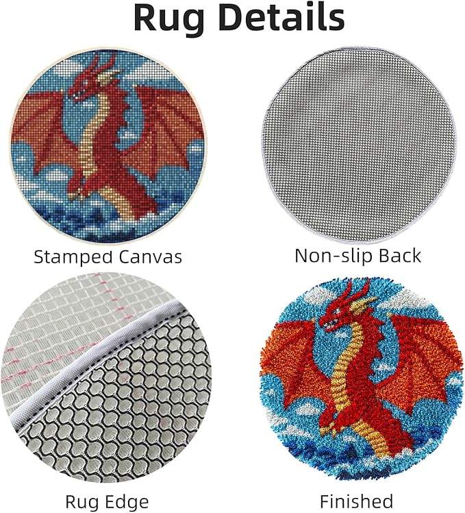 Latch Hook Rug Kit Red Dragon Easy for Beginners Round Shape Carpet Crochet Yarn Craft Mini Rug DIY Hook and Latch Little Tapestry for Home Decor 30x30cm