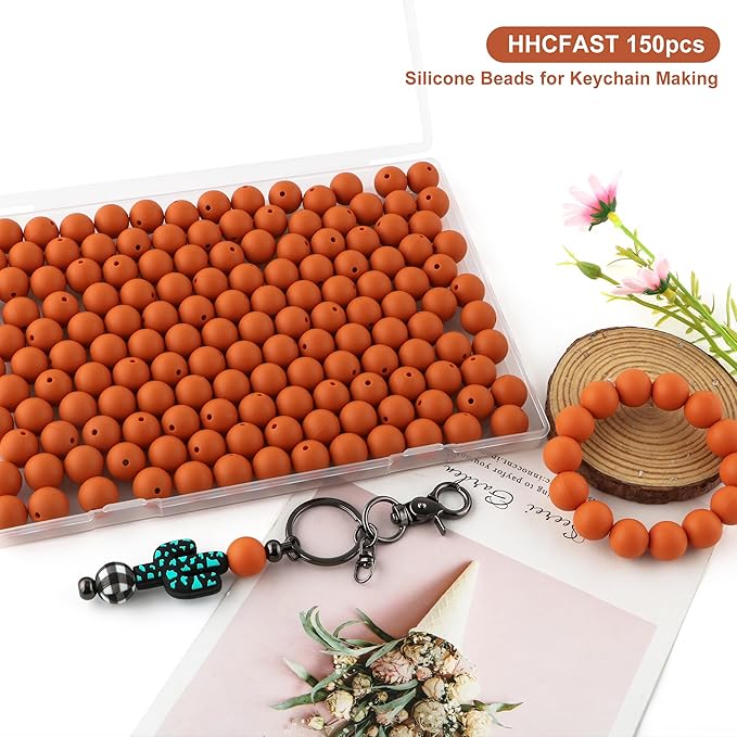 150Pcs 15mm Silicone Beads for Keychain Making Bracelet Necklace, Bulk Round Silicone Beads for Pens(Rust Brown)