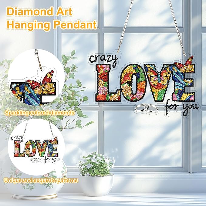 TOSTOG Crazy for You Diamond Art Pendant Kits for Adult, Love You Diamond Painting Hanging Kit for Beginners, 5D DIY Crafts Gem Art, Waterproof Full Accessories for Home Decor Idea 20 * 20 cm/8 * 8 in