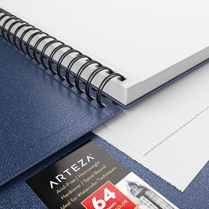 ARTEZA Watercolor Sketchbook 2-Pack, 9x12 Inches – 64 Pages Each, Cold Press 140 lb Paper, Spiral-Bound Hardcover Journal for Artists & Mixed Media