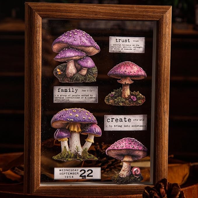Doukado 150 PCS Vintage Natural Simulated Mushroom-Themed Scrapbook Stickers, Aesthetic Decorative Coloful Mushroom Stickers for Scrapbooking, Journaling, Creative Journal Supplies and DIY Crafts