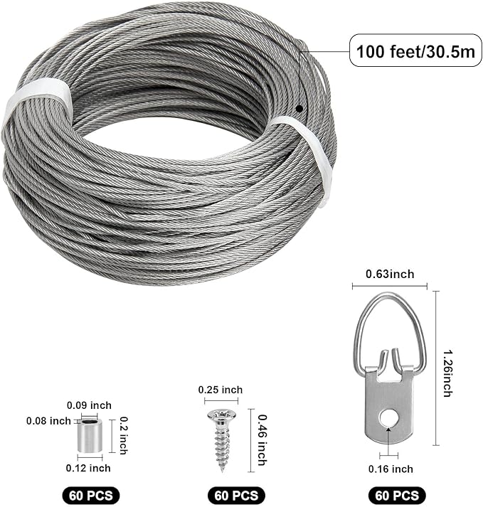 Blisstime Picture Hanging Kit - 100 Feet Braided Hanging Wire, 60 Pcs D Ring Picture Hangers with Screws and 60 Pcs Aluminum Crimping Loop Sleeve for Canvas Paintings, Photo Frames