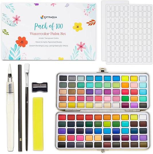 Watercolor Paint Set - 100 Colors with Metallic, Macaron & Fluorescent Shades - Washable, Non-Toxic Portable Paint Kit with Water Brush, Palette & Case - Painting Supplies for Beginner & Professionals