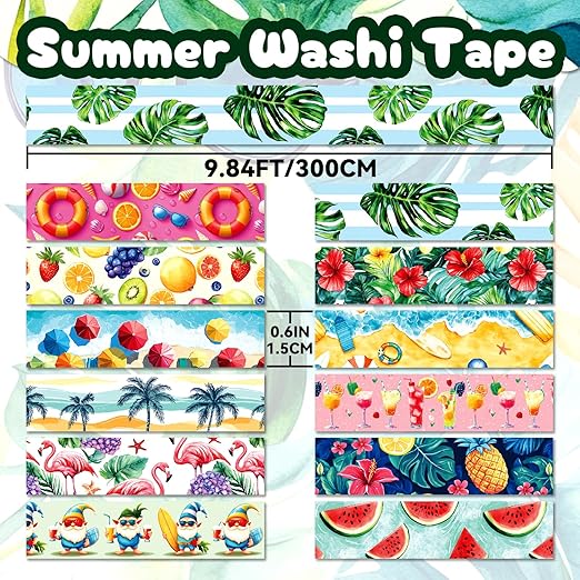 12 Rolls Summer Washi Tape Set, Hawaii Beach Holiday Decorative Tape Flamingo Tropical Fruits Leaves Watermelon Watercolor Masking Tape for Journaling Supplies,Gift Wrapping, DIY Art & Crafts