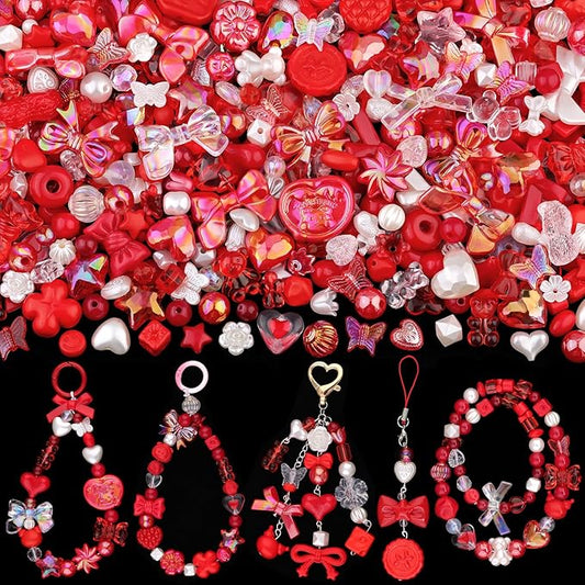 200-260pcs tinkrstuff assorted red acrylic beads for bracelet making,cute beads for jewelry making flower bow butterfly candy gummybear aesthetic bracelet charms,diy necklace keychain phone charm