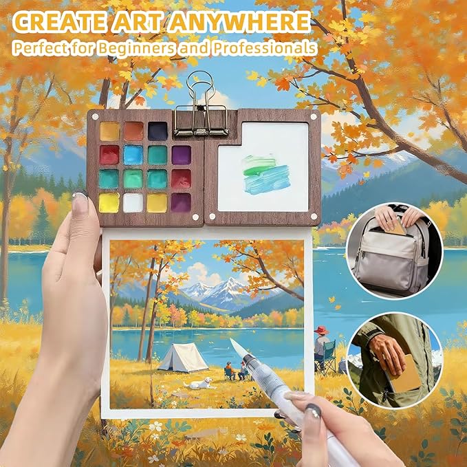 Mini Watercolor Paint Set, Portable Travel Watercolor Kit with 24 Colors, 3 Brushes, Sketchbook and Copper Clip, Pocket Art Supplies for Beginners, Artists, Painting Enthusiasts